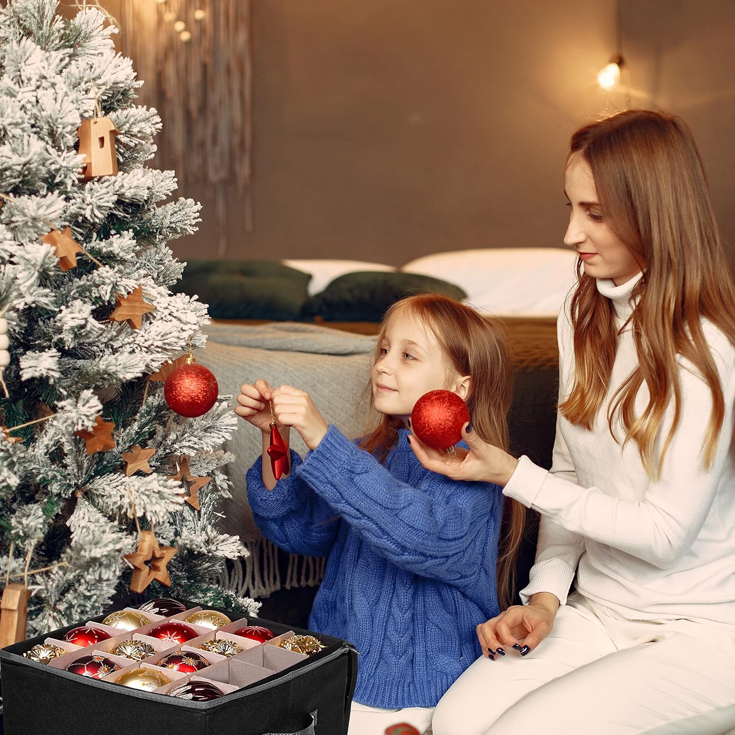 Christmas Ornament Storage Box, 4 Individual Trays Xmas Storage Container, Fits 64 Ornaments Decoration Balls, Constructed of Durable Polyester Material (Red)