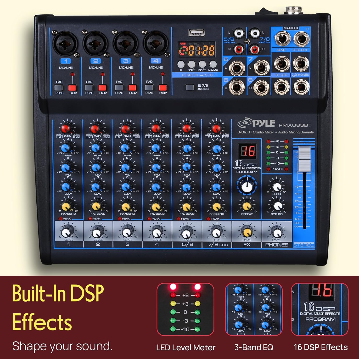 Pyle 8 Channel DJ Audio Mixer, Bluetooth, DSP FX, USB, Audio Interface | +48V Phantom Power, 16Bit DSP Processor, USB-A MP3 Player