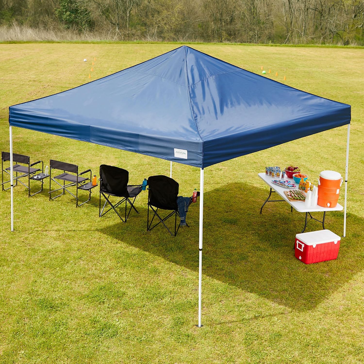 Caravan Canopy 12 by 12 Foot Polyester Straight Steel Leg Instant Pop Up Canopy Tent with Adjustable Height for Outdoor Events, Blue | 150D polyester top with 99 percent UV protection, 3 height settings to 9 ft, steel frame, roller bag and 4 stakes