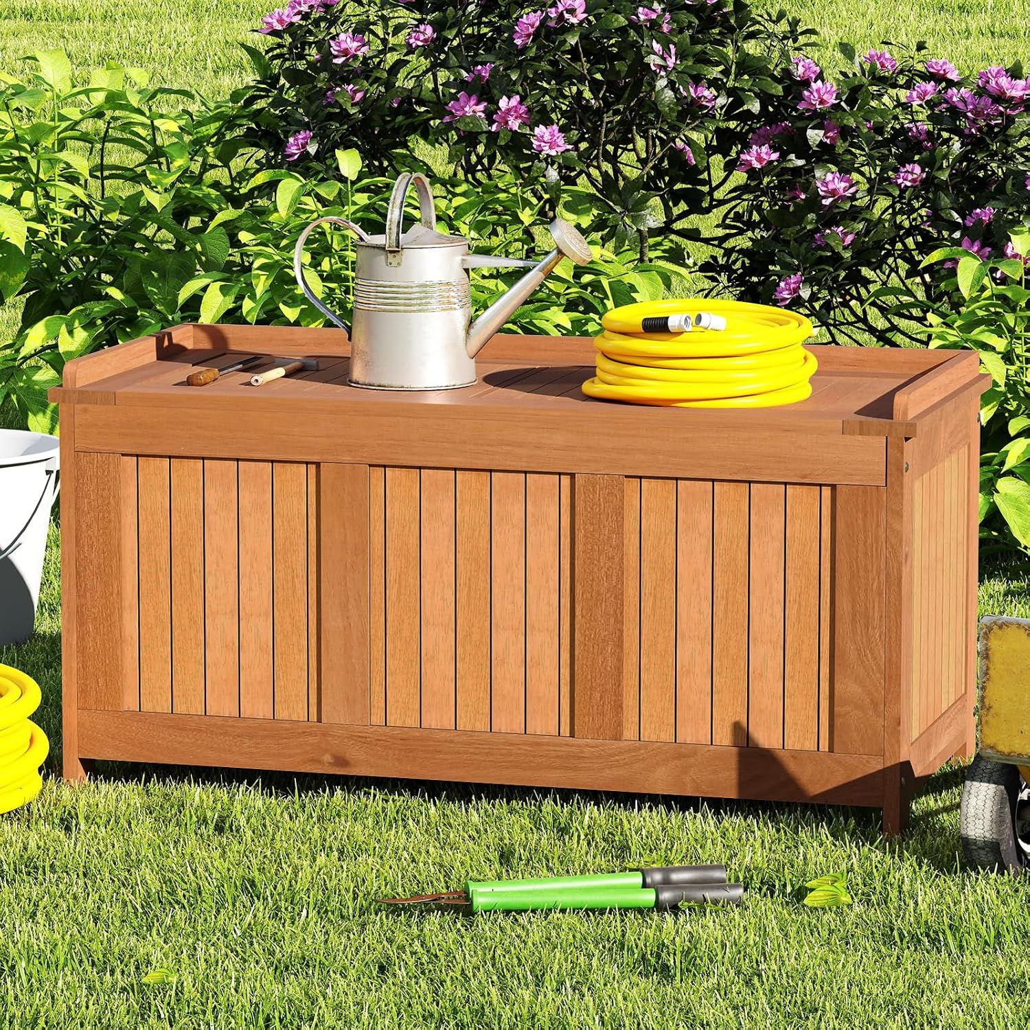 Tangkula 46 Gallon Acacia Wood Deck Box, Garden Backyard Storage Bench, Outdoor Storage Container for Patio Furniture Cushions and Gardening Tools
