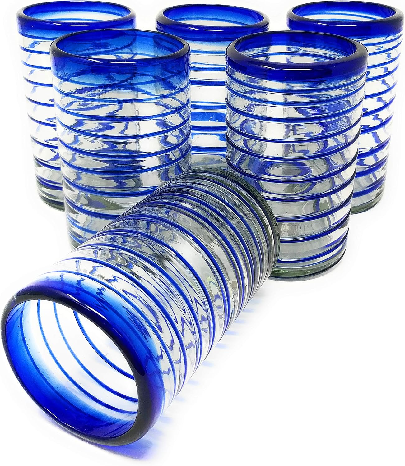 Hand Blown Mexican Drinking Glasses – Set of 6 Glasses with Cobalt Blue Spiral Design (14 oz each)