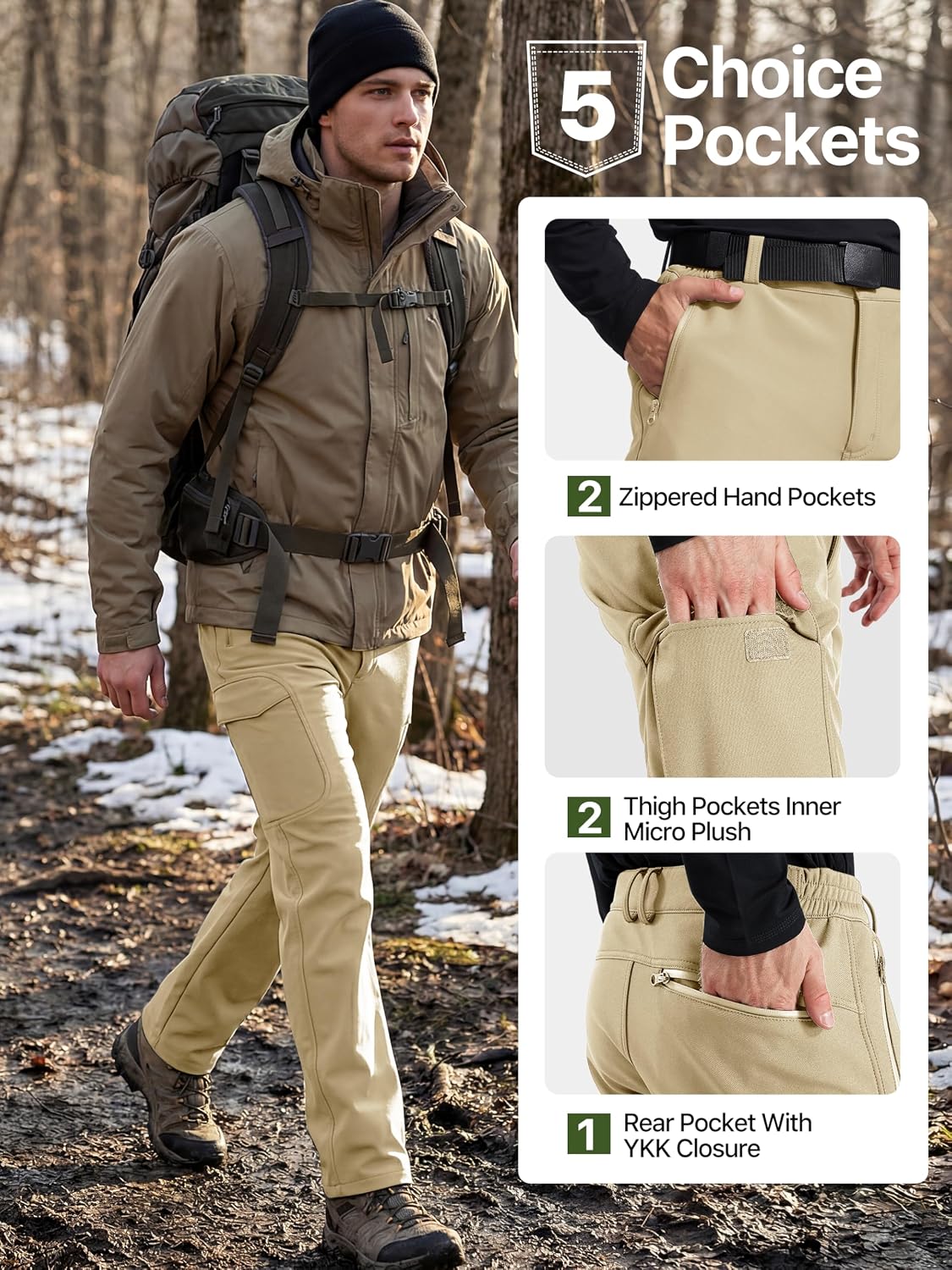 FREE SOLDIER Men's Outdoor Softshell Fleece Lined Cargo Pants | Snow Ski Hiking Pants with Belt, Waterproof Winter Pants, Insulated Work Pants, Breathable Windproof Insulated Pants