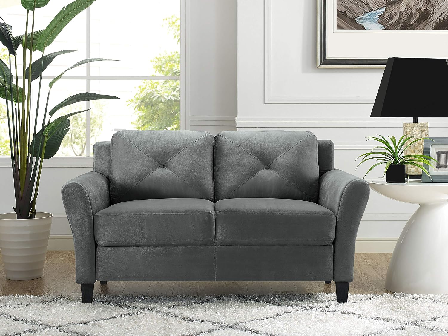 Studio Living Harrington 57.9" Loveseat, Transitional Modern, Pocket Coil Comfort, Easy Assembly, Microfiber Fabric, Dark Grey