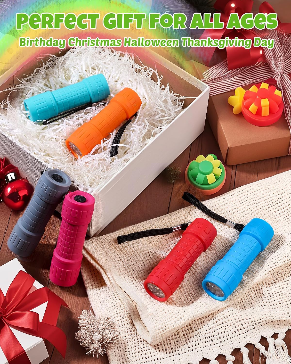 EverBrite Mini Flashlights 6-Pack Mix Colors, Batteries Included | Small, Lightweight, 18 AAA Batteries, 6-Color Set, 9-LED, Wrist Lanyards, for Home, Camping & Emergency use, Holiday Gifts