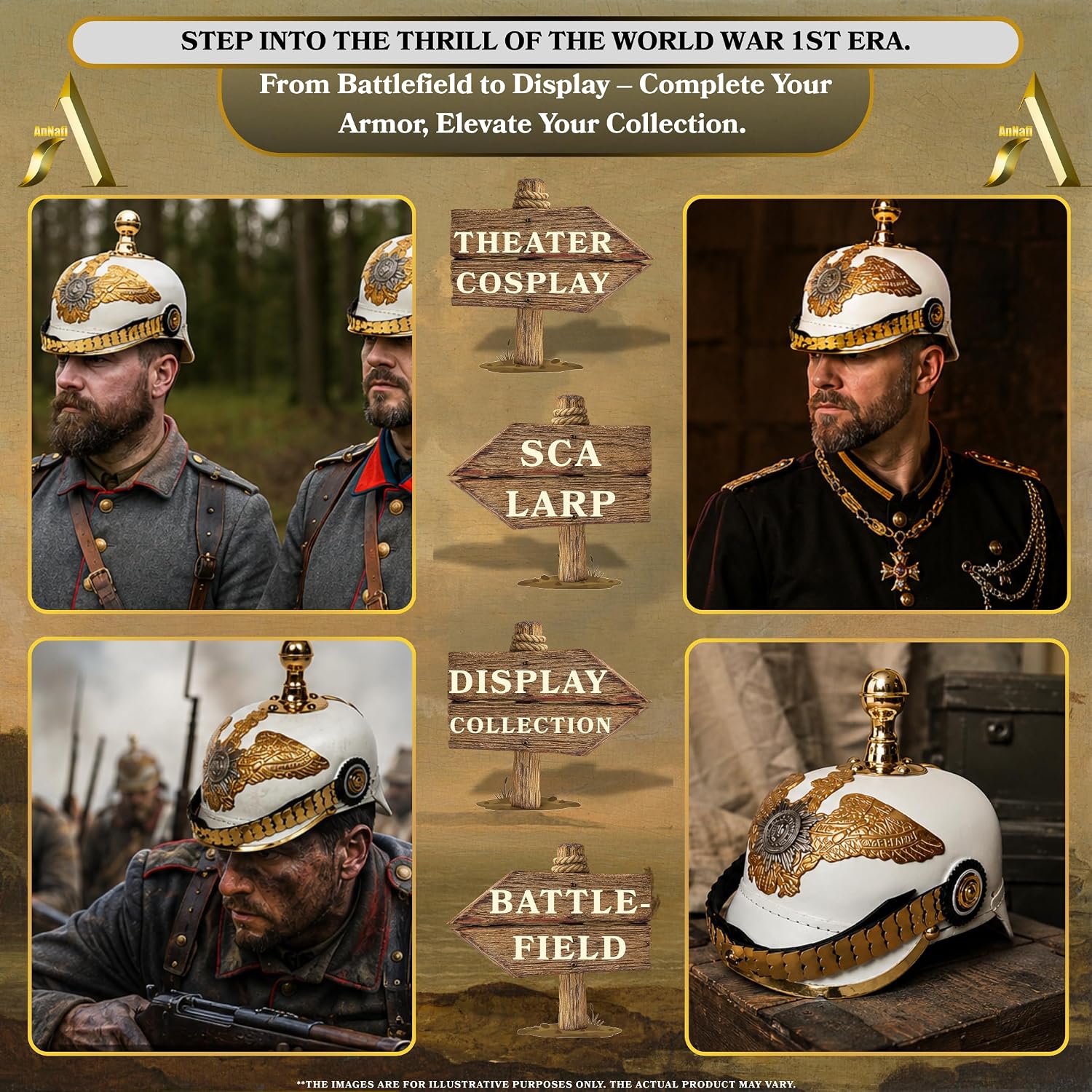 AnNafi® White German Pickelhaube Helmet | Leather Pickelhauben Imperial Prussian Helmets | Brass Military Officer Round Top Men’s Costume | WWI &