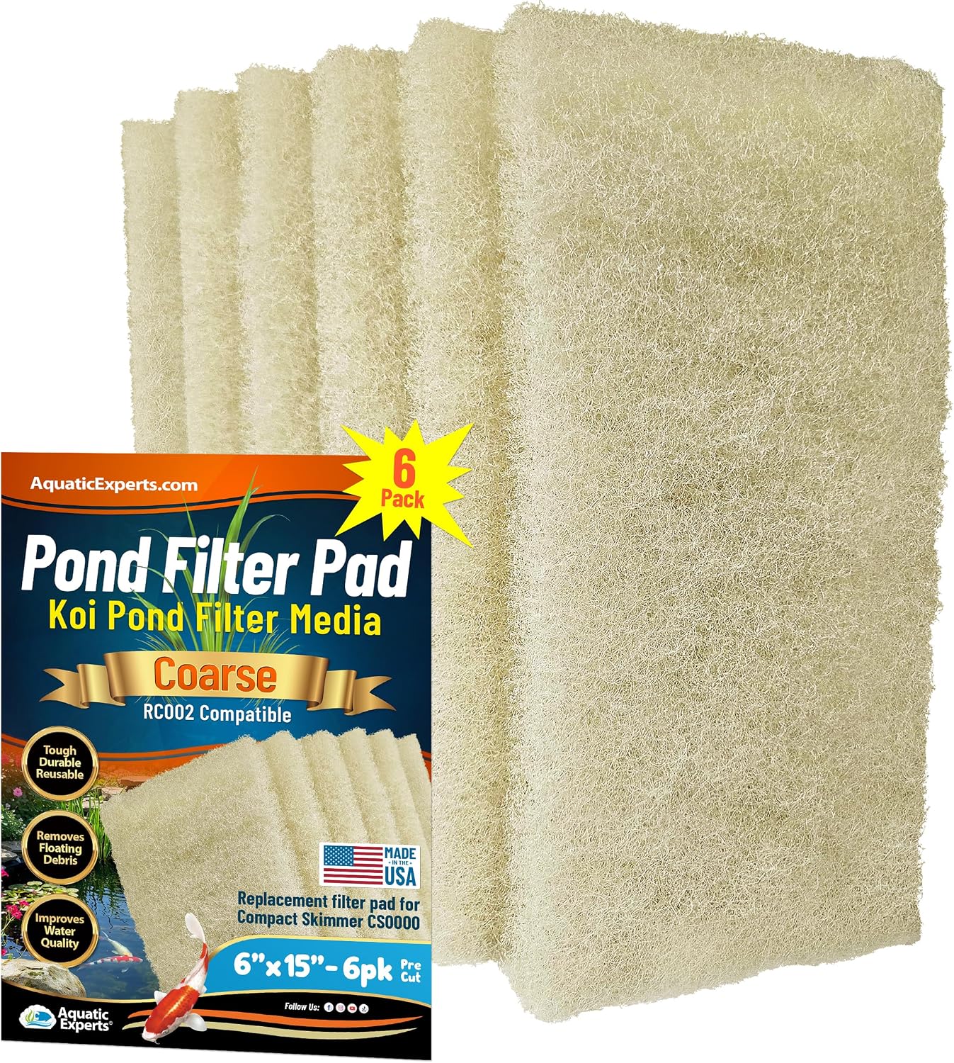 Aquatic Experts Cream COARSE Pond Filter Pad - 2 inch Thick - Bulk Roll Water Garden Filter Pond Media - Made in USA, (12" x 36")