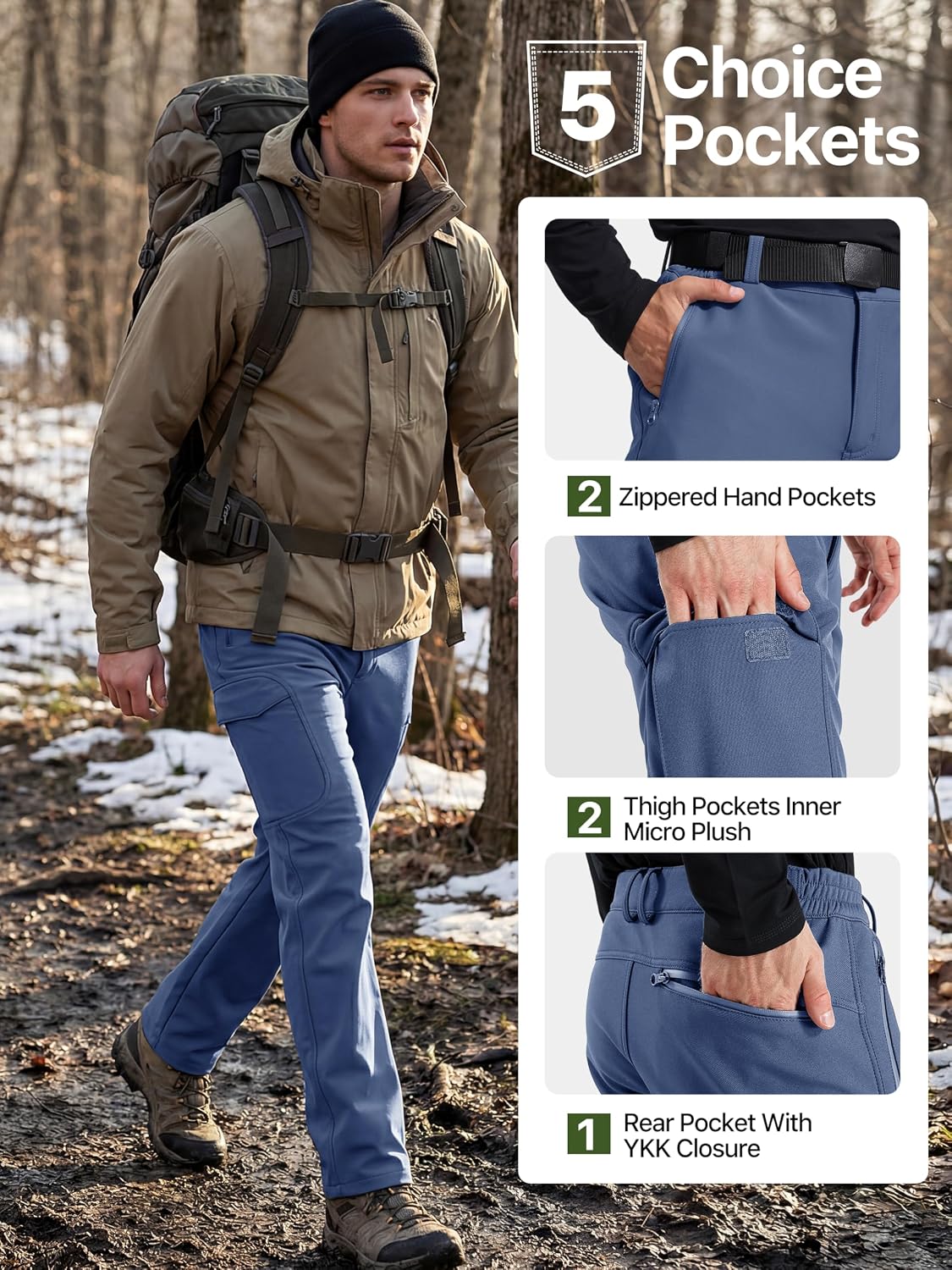 FREE SOLDIER Men's Outdoor Softshell Fleece Lined Cargo Pants | Snow Ski Hiking Pants with Belt, Waterproof Winter Pants, Insulated Work Pants, Breathable Windproof Insulated Pants