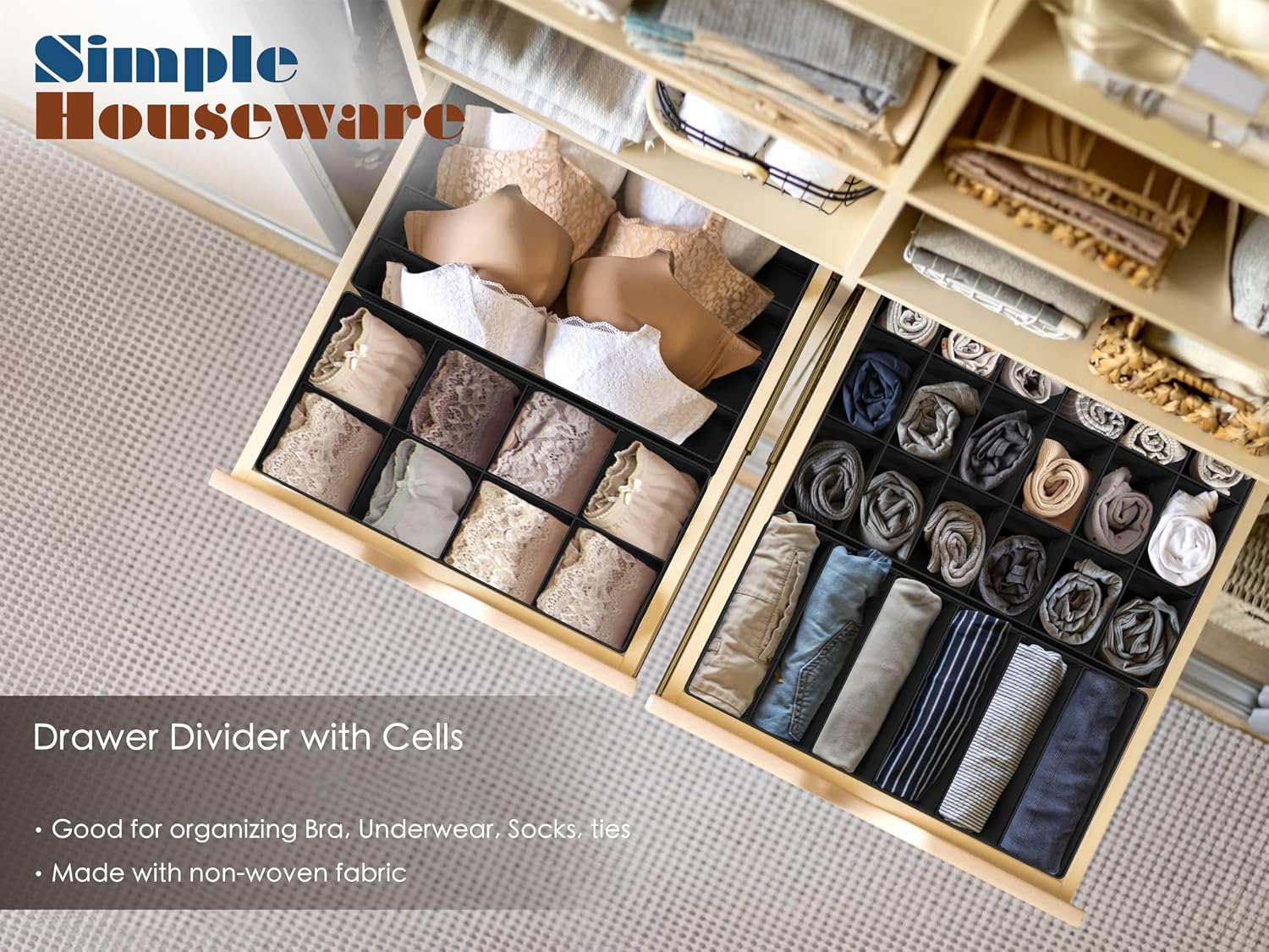 Simple Houseware 4-Pack Drawer Organizer Set for Underwear/Socks/Bra, Gray | Closet Dividers for Underwear, Socks, Bras, Scarves, Ties - Foldable Non-Woven Storage Boxes