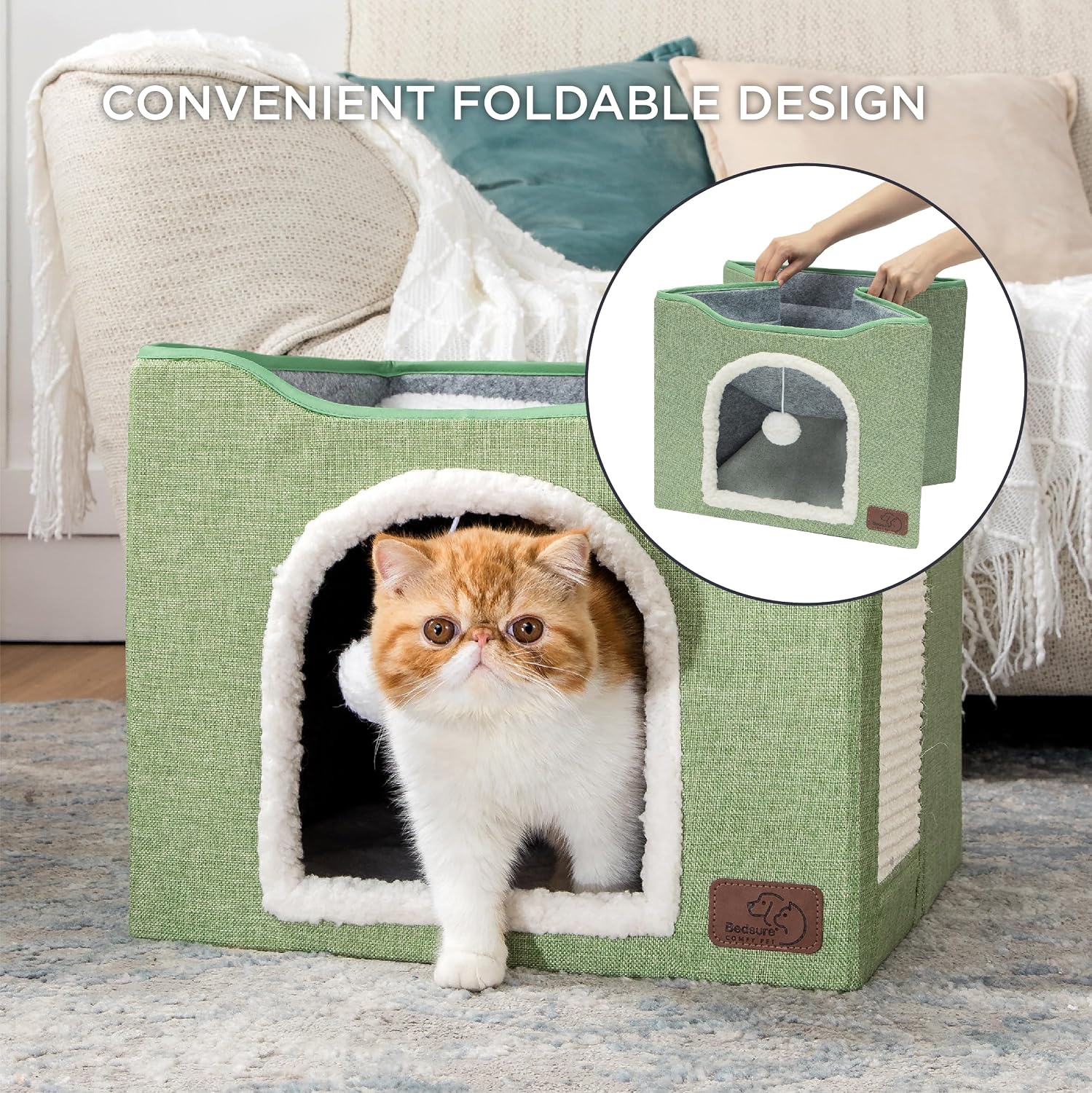 Bedsure Cat House Bed for Indoor Cats with Fluffy Ball and Scratch Pad,Grey