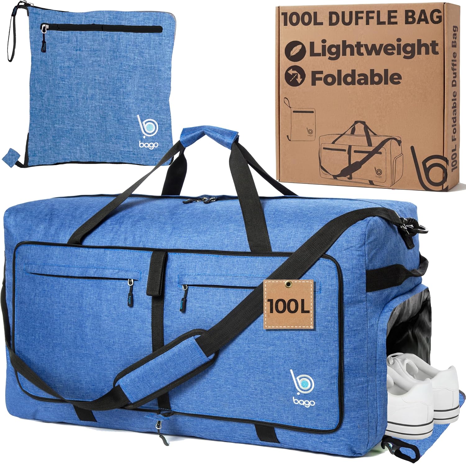 Bago Large Duffle Bag for Travel Women & Men. Durable Lightweight Foldable Travel Duffel Bags For Traveling Women. 80L Duffle Bags For Overnight Bag With Shoe Compartment Collapsible Weekender duffel