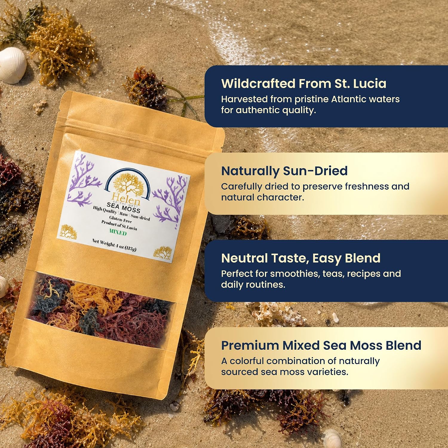 Wildcrafted Sea Moss | Gold - Purple - Green - Mixed | 100% Natural Irish Moss from St.Lucia | Mineral-Rich Superfood | 8oz Sun-Dried Moss | NO
