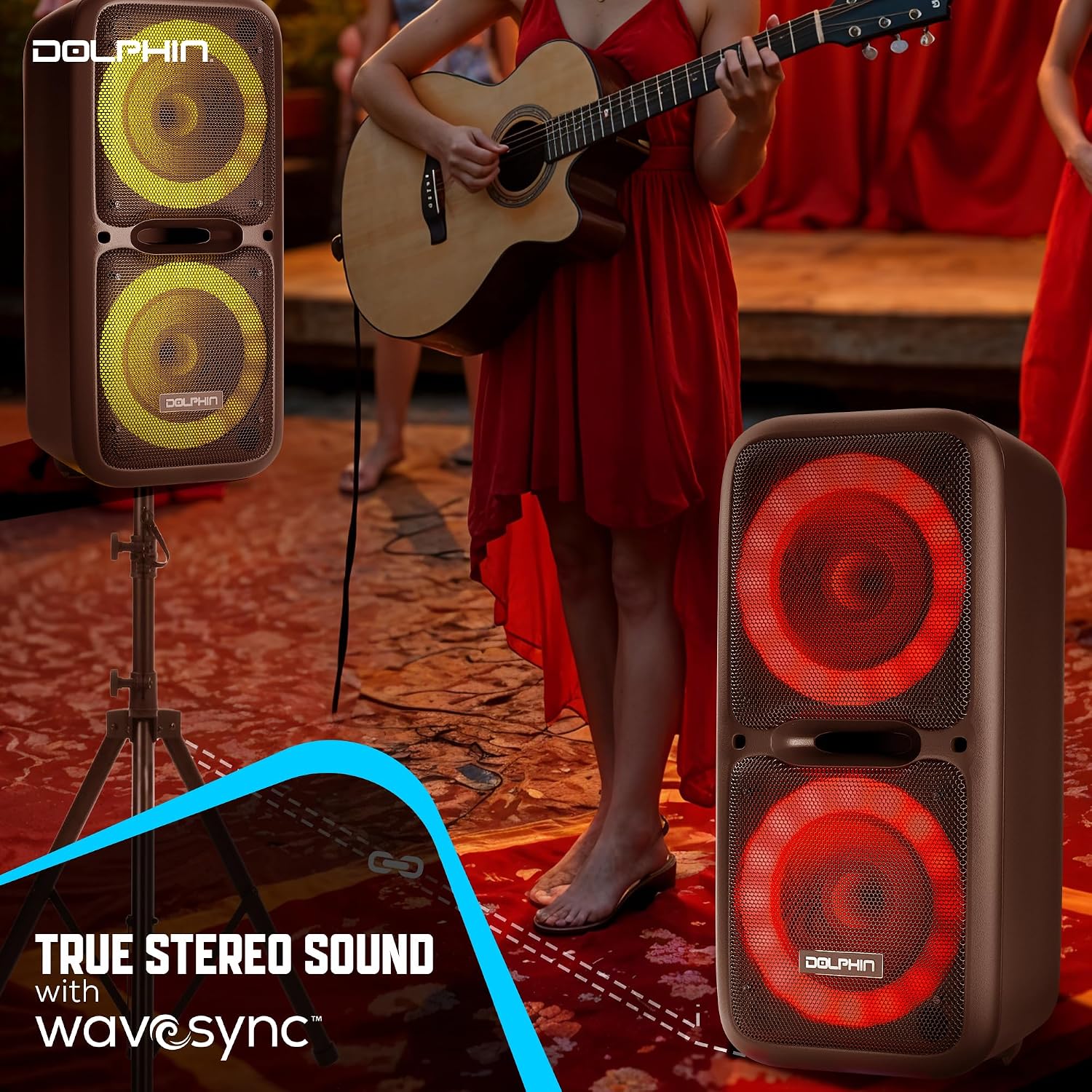Dolphin Bluetooth Party Speaker with Wired Microphone, Dual 12" Woofers | 5-Band EQ, Hi-Fi Amplifier, Multicolor LED Lights, USB & AUX Playback