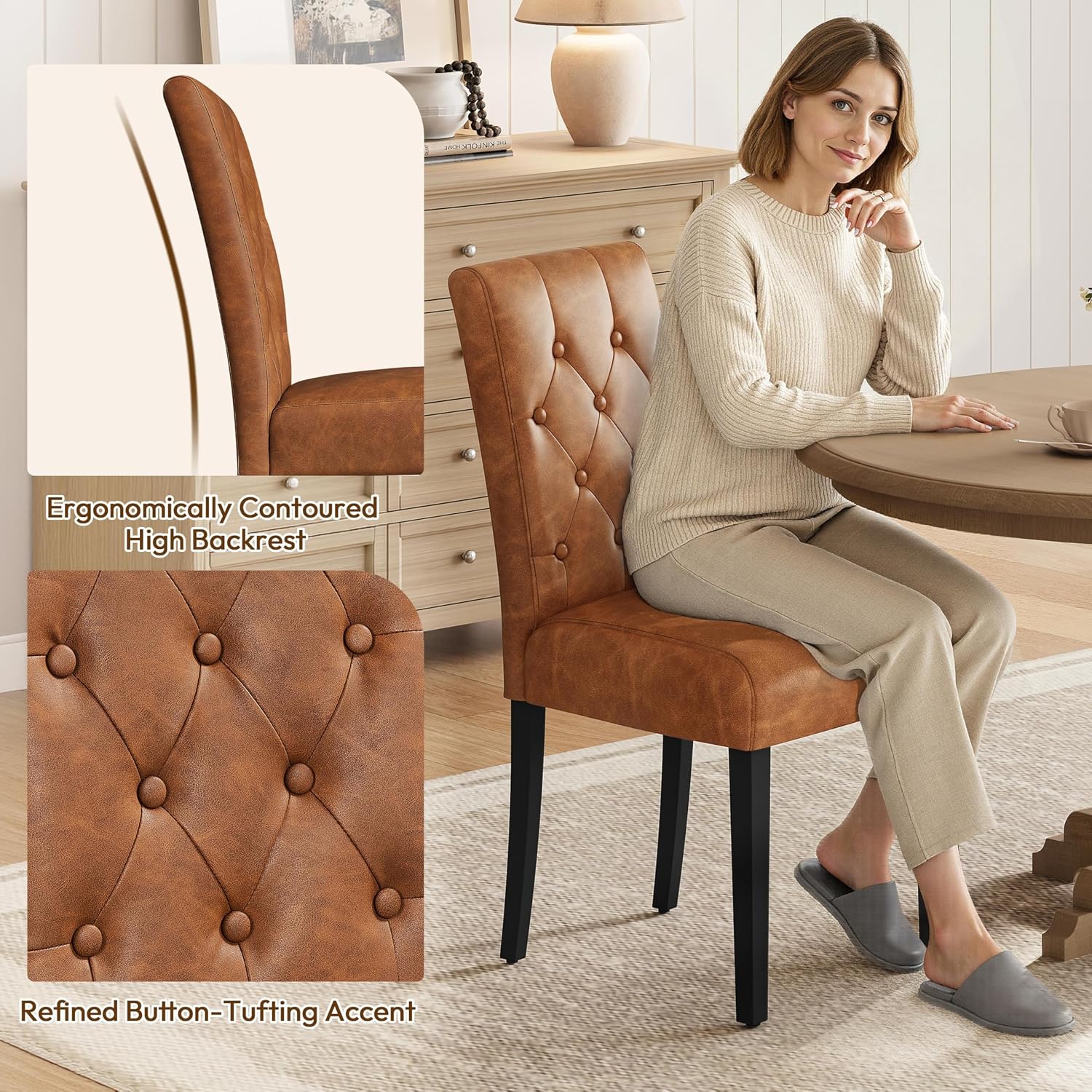 Yaheetech Dining Chairs Set of 2 Button Tufted Kitchen Chairs Brown