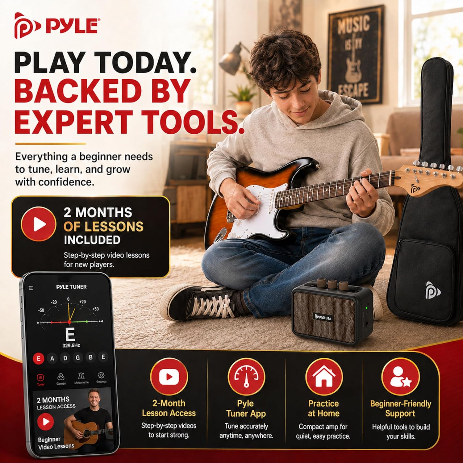 Pyle Electric Guitar and Amp Kit - Full Size 39" Complete Starter Kit with Wearable Bluetooth Amplifier, 1/4” Cable, Carry Case, Strap, Strings, Picks, Cleaning Cloth, ST-Style Pickups (Black)