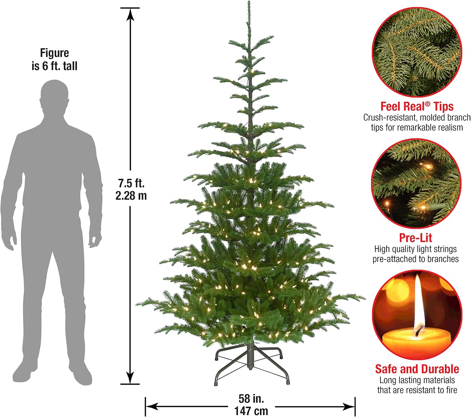 National Tree Company 'Feel Real' Pre-lit Artificial Christmas Tree | Includes Pre-strung White Lights and Stand | Norwegian Spruce - 7.5 ft | 750 Clear Lights, 1,325 Tips, Includes Stand, Artificial, Green