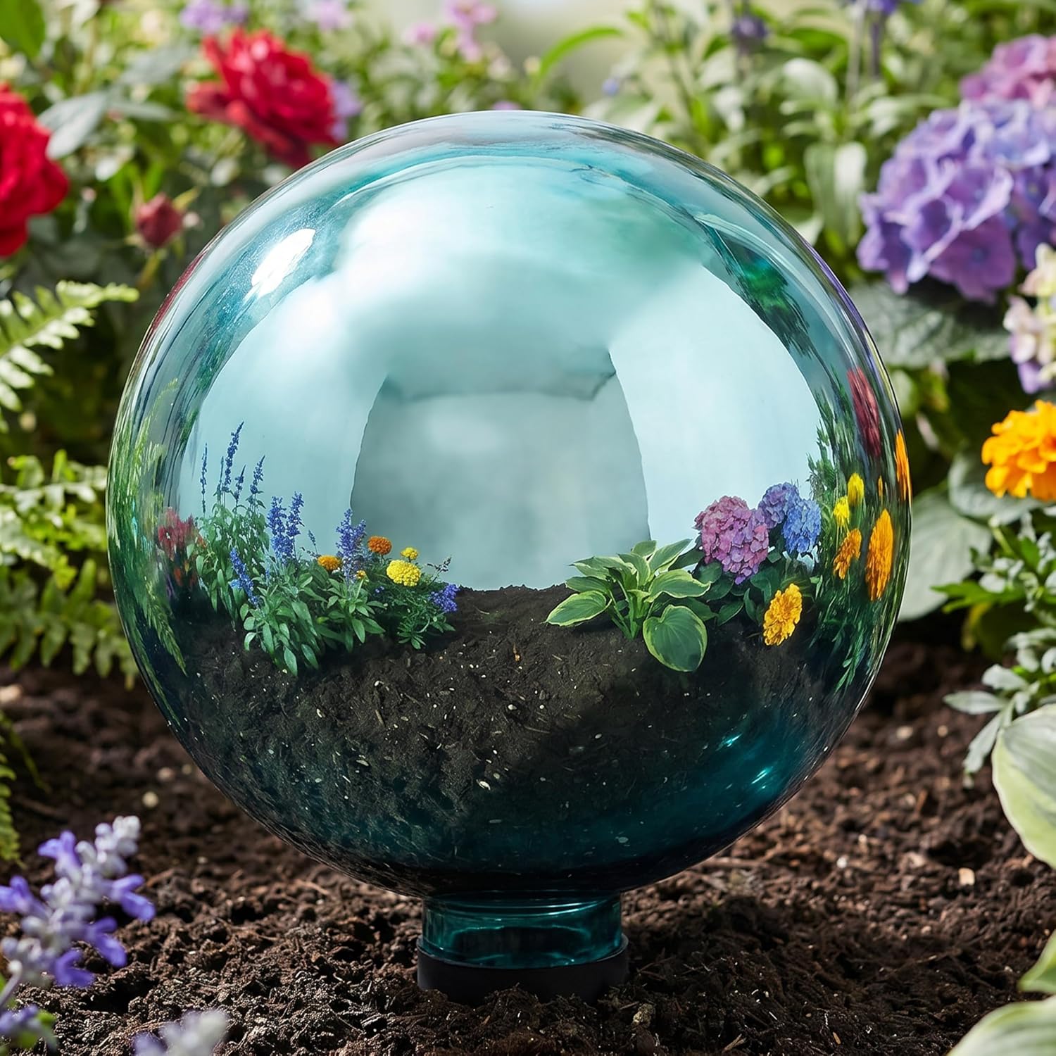Sunnydaze 10-Inch Handblown Mirrored Glass Gazing Ball, Red | Reflective Outdoor Garden Globe Sphere, for Yard, Patio, Flower Bed, Walkway, and Landscape Decor, Stainless Steel Finish