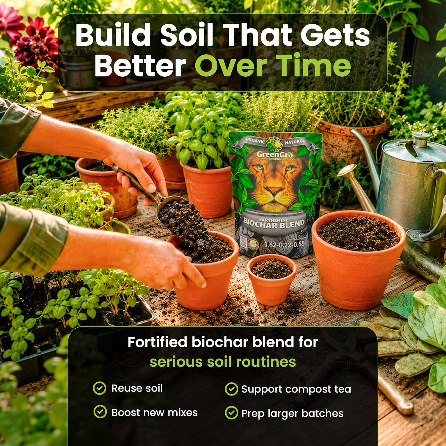 GreenGro Earthshine Biochar & Humic Acid Blend, Activated Charcoal, 2lb | Sequesters Carbon, Organic Soil Booster, Top Soil, Plant Food, Compost Tea Accelerator, Derived from Worm Castings