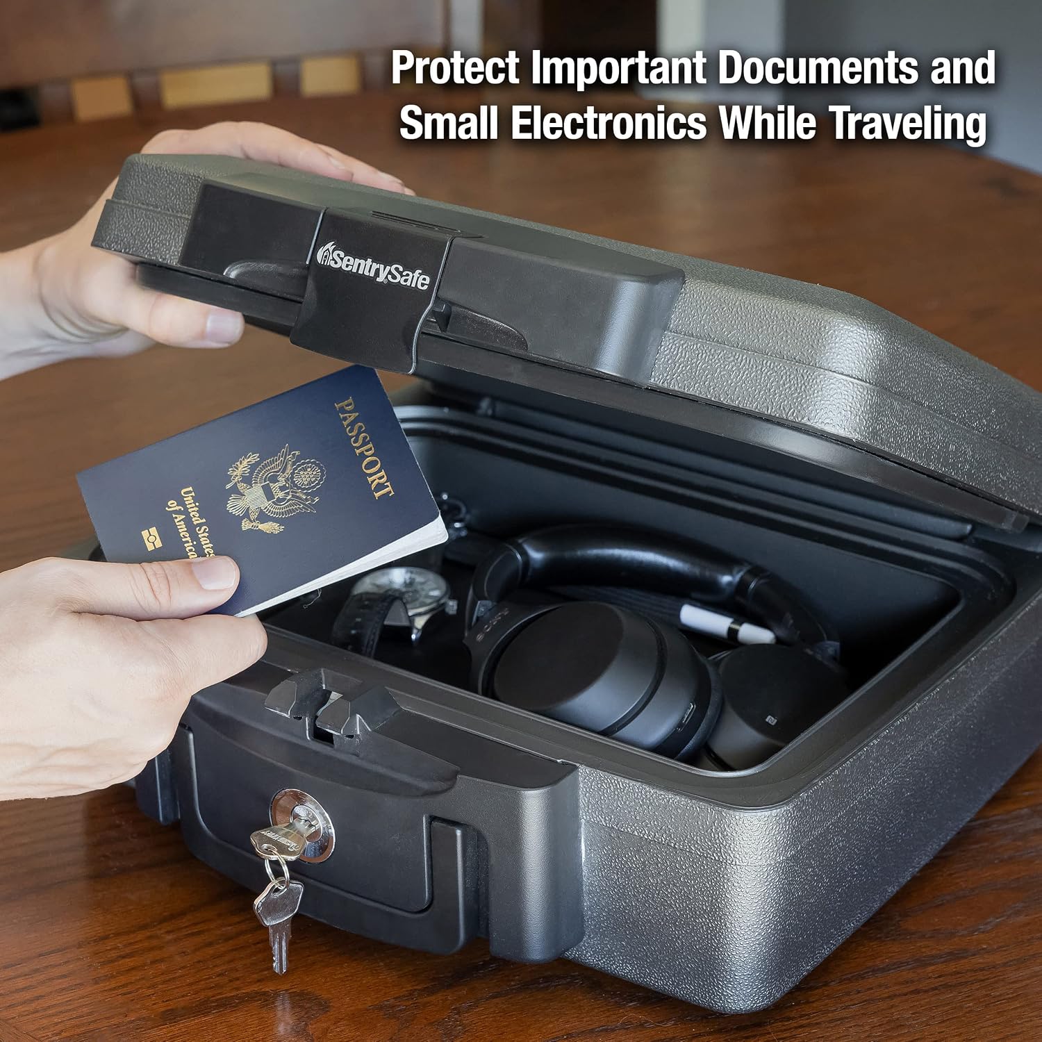 SentrySafe Fireproof and Waterproof Safe, Black Portable Lock Box with Key Lock and Carrying Handle for Money, Passport