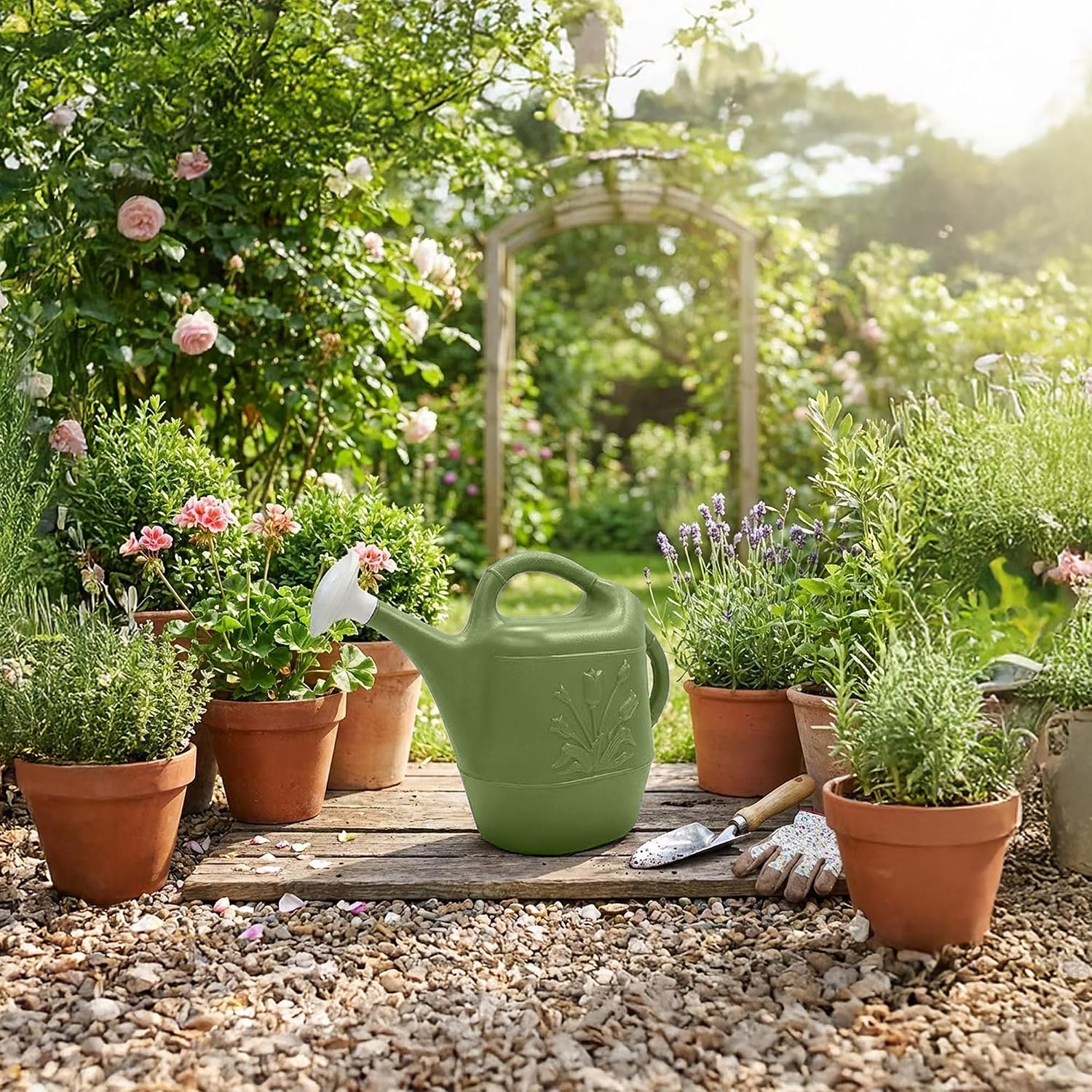 Union Products 63066 2 Gallon Plastic Indoor/Outdoor Watering Can w/Tulip Design for Garden, Potted Plants, & Patio Pots, Caribbean Blue