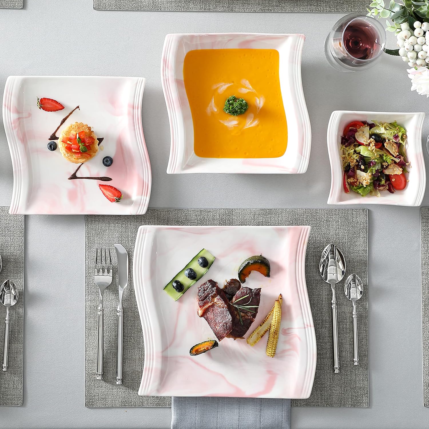 MALACASA Plates and Bowls Sets, 26 Pieces Ivory White Porcelain Dinnerware Sets without Mugs, Square Dinnerware with Dinner Plates, Bowls and Serving Platters, Modern Dish Set for 6, Series Flora