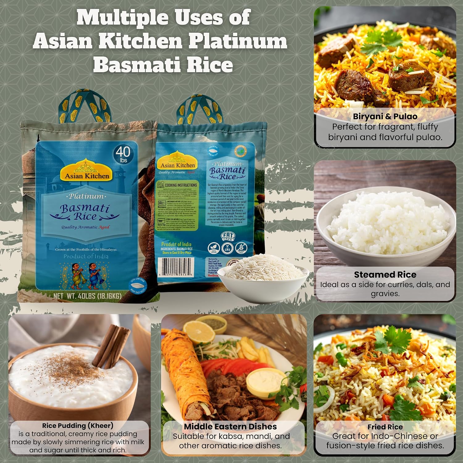 Asian Kitchen Platinum White Basmati Rice Extra Long Aged 20lbs (9.08kg) ~ All Natural | Gluten Friendly | Vegan | Indian Origin | Export Quality