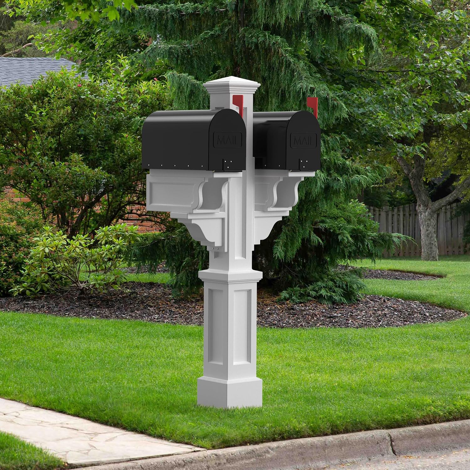 Mayne Rockport Mailbox Post with Newspaper Holder for 2 Mailboxes, White | Holds 2 post-mount mailboxes, Weather & fade resistant, All season, 15-year warranty
