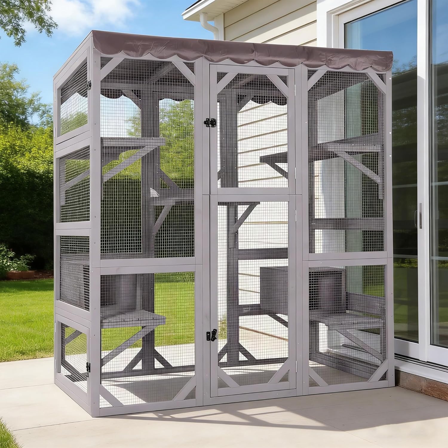Aivituvin Cat House Outdoor Cat Catio Wooden Large Enclosure with Run on Wheels 70.9" Upgraded Version Catio with Reinforcement Strip
