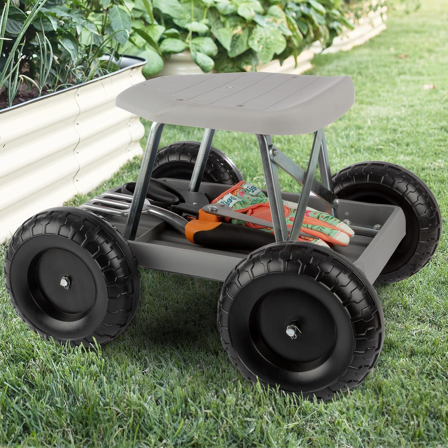 Pure Garden Rolling Garden Seat with Wheels and Tool Tray, Black/Green | Gardening Stool Garden Cart Scooter with Storage for Yard Tools