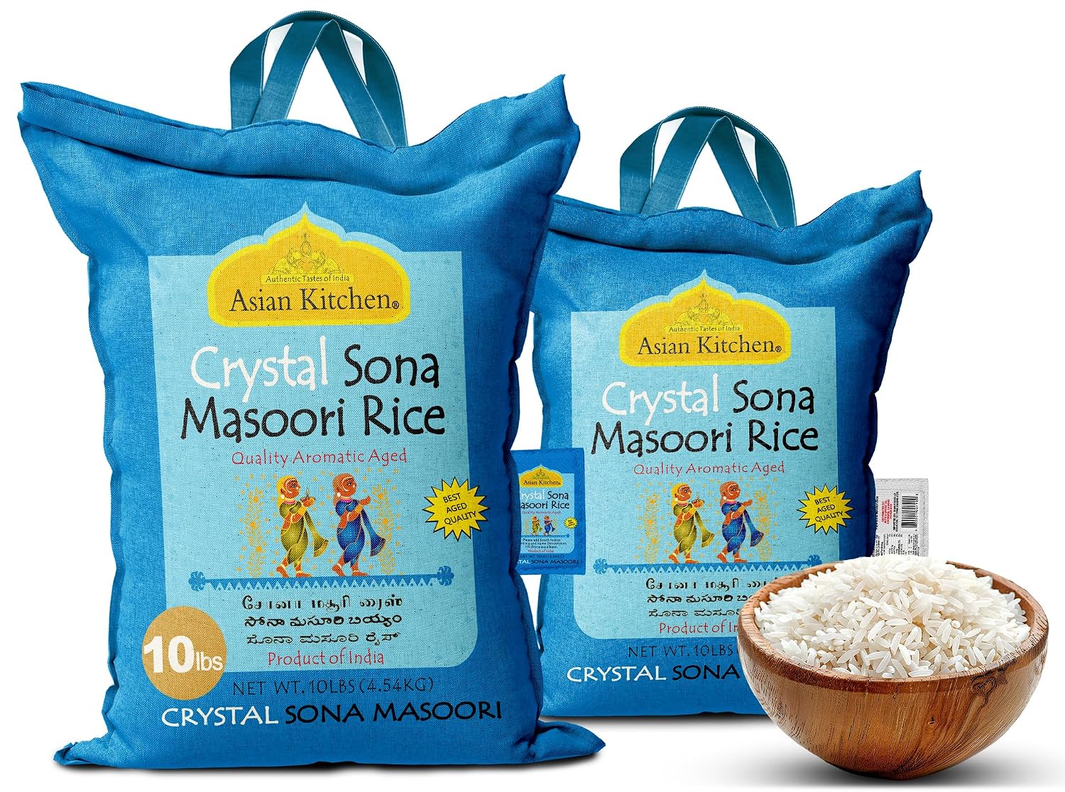 Asian Kitchen White Sona Masoori Aged Rice 20-Pound Bag, 20lbs (9.08kg) Short Grain Rice ~ All Natural | Gluten Friendly | Vegan | Kosher | Indian Origin | Export Quality