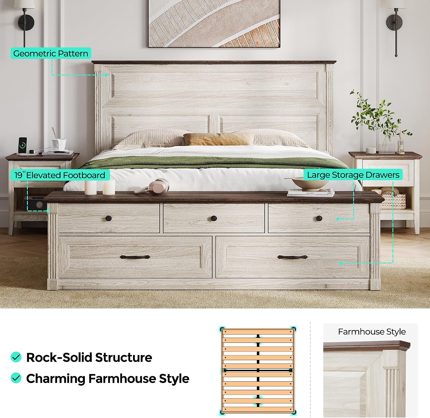 LINSY Storage Bed Frame Queen Bedframe with Drawers, Farmhouse Bed Frame Queen-Size with Headboard and Footboard Bench