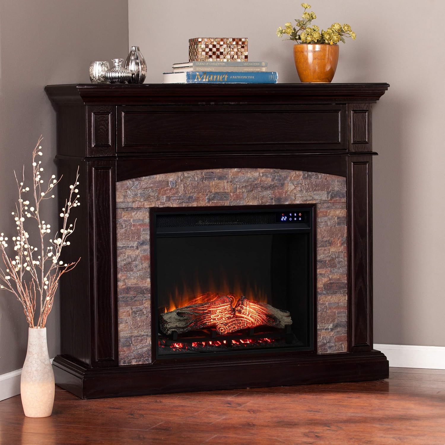 SEI Furniture - Grantham Convertible Touch Screen Electric Fireplace - Transitional Design, Brown Glass and Wood - Ideal for Living Room