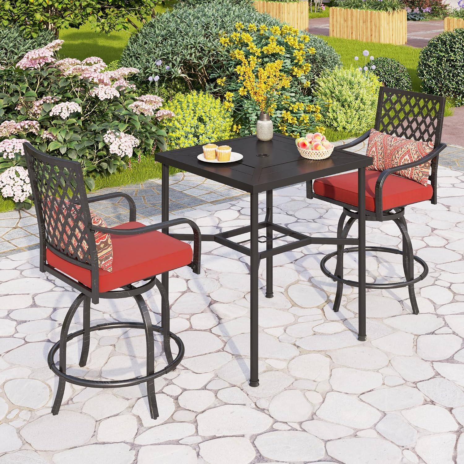 PHI VILLA Outdoor Bar Set 3 PCS Patio Bistro Table & Swivel Stools