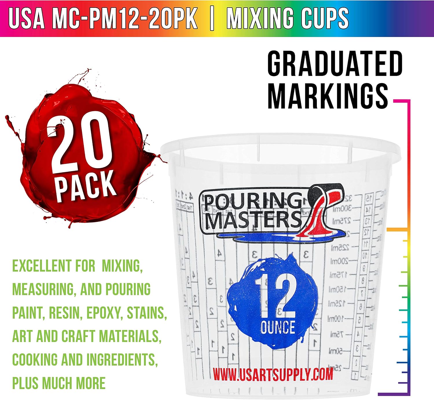 Pouring Masters 40 Ounce (1200ml) Graduated Plastic Mixing Cups (Box of 24)