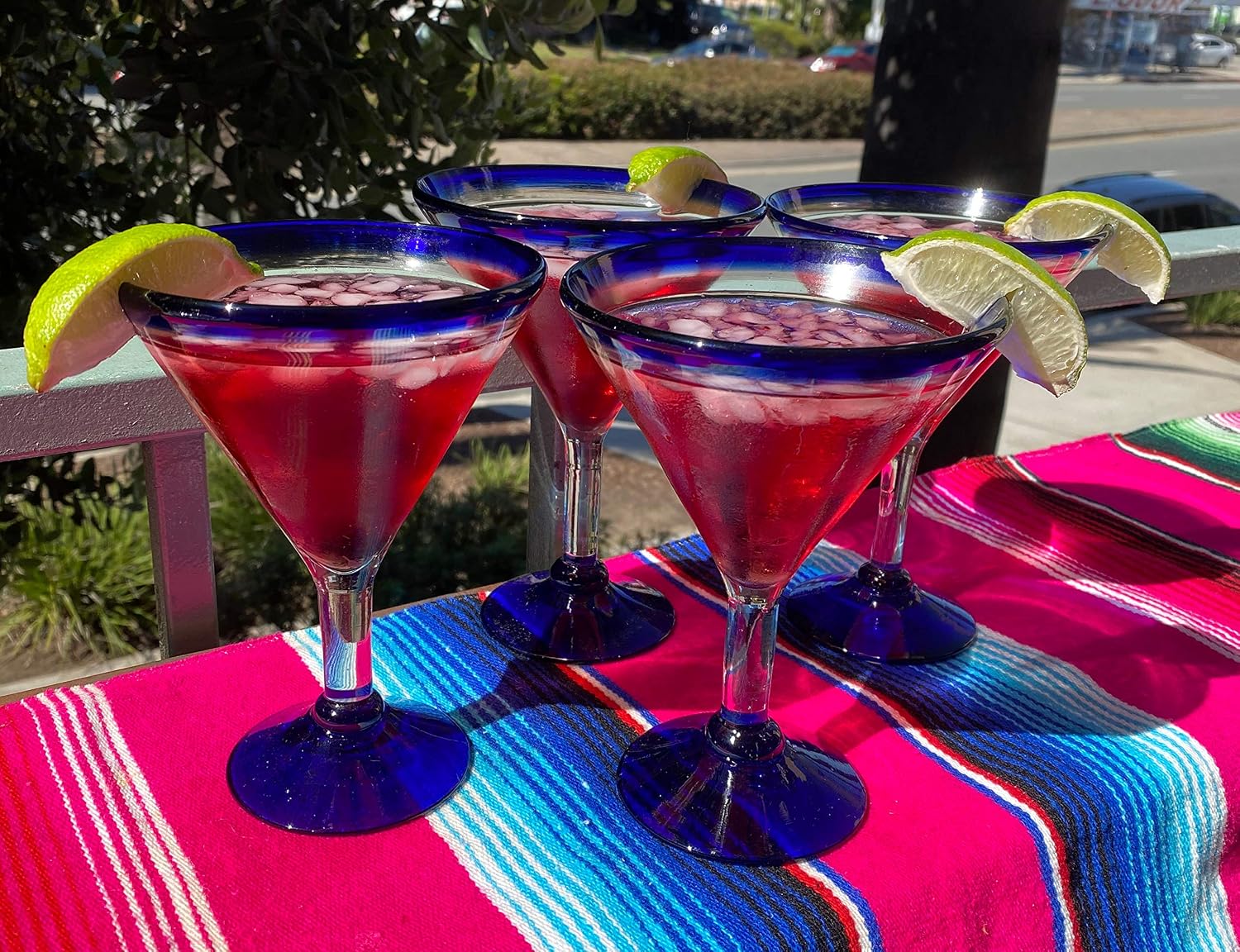 Mexican Hand Blown Glass – Set of 4 Hand Blown Modern Margarita Glasses - Blue Rim (12 oz)