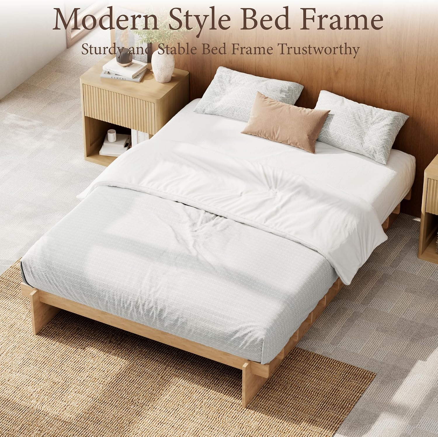 Brafab Tooless Queen Bed Frame, Wooden Japanese Joinery Platform Bed Frame | Wood Slat Support, Assembly in 10 Min, 8" Underbed Storage, No Box Spring Needed, Noise Free, Kid-Friendly Design, Natural