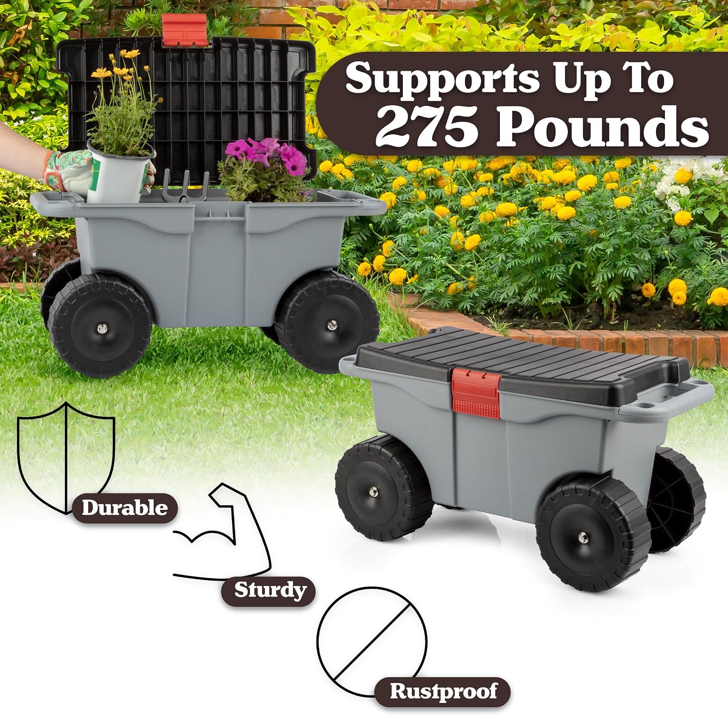 Rolling Garden Cart with Seat - Plastic Storage with Bench and Interior Tool Tray - Gardening Stool for Weeding and Planting By Pure Garden (Green) | Plastic Storage with Bench and Interior Tool Tray - Gardening Stool for Weeding and Planting
