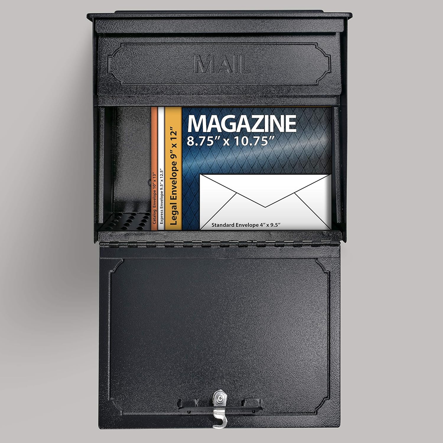 Mail Boss 7172 Townhouse Locking Security Wall Mount Mailbox, Black, Pack of 1 | Anti-pry locking door, classic stamped-panel design with decorative top cap, fixed slot fits envelopes and magazines.