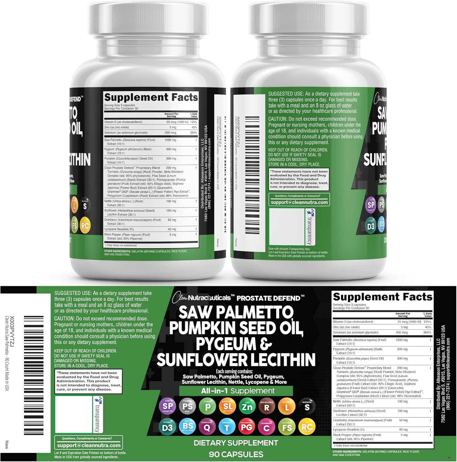Clean Nutraceuticals Saw Palmetto Pumpkin Seed Oil Pygeum Sunflower Lecithin Stinging Nettle Cranberry - Prostate Supplements for Men with Lycopene