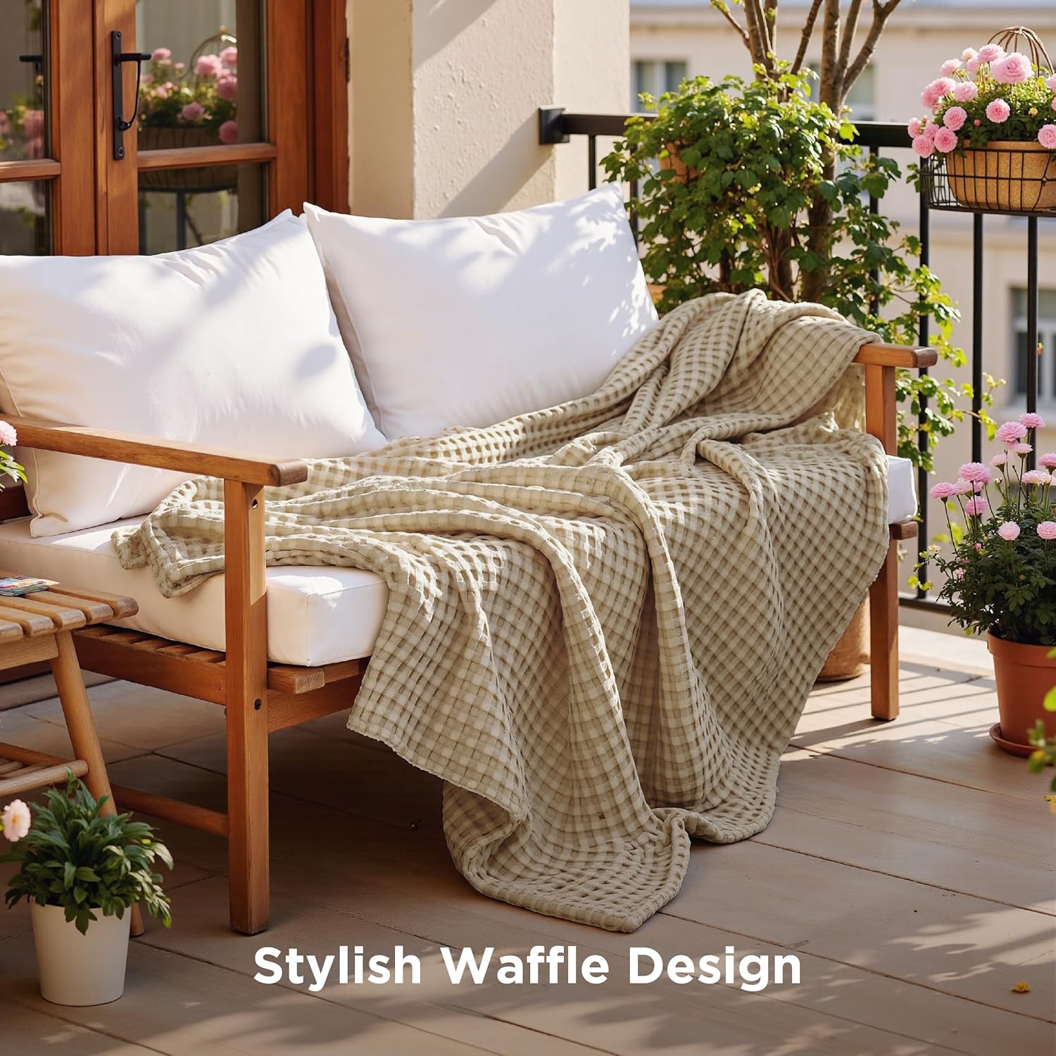 Bedsure Cooling Waffle Blanket for Hot Sleepers, Ivory, Queen, 90"x90"