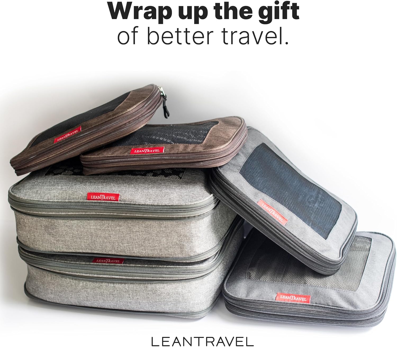 LeanTravel Premium Compression Packing Cubes for Travel - Suitcase Organizer Bags with Double Zipper & Breathable Mesh Panel - Space Saving Carry On Luggage Essentials (6-Pack, Grey)