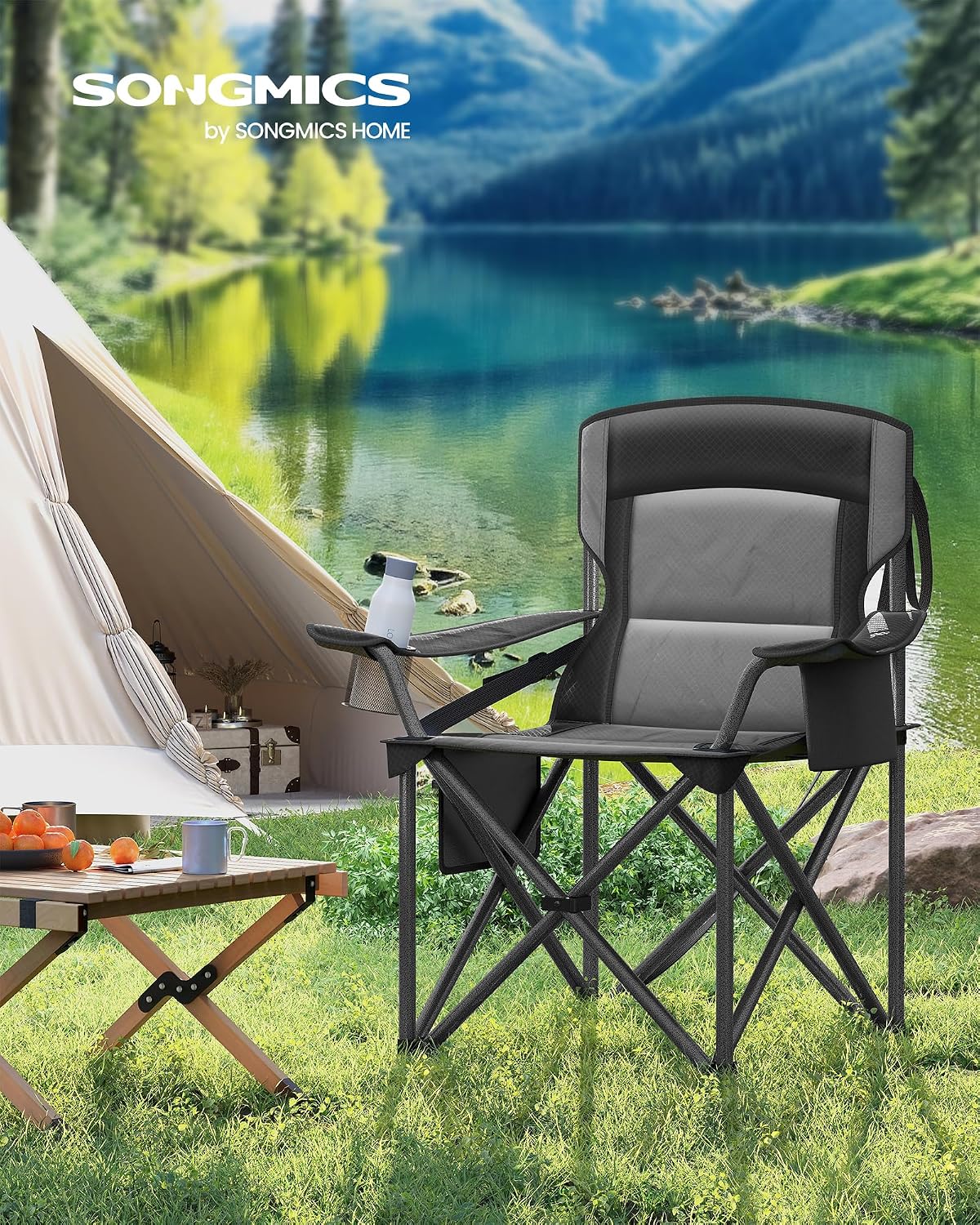 SONGMICS Folding Camping Chair, 450 lb Capacity | Folding lawn chair with cup holder and heavy-duty design, Ink Black, UGCB066B01