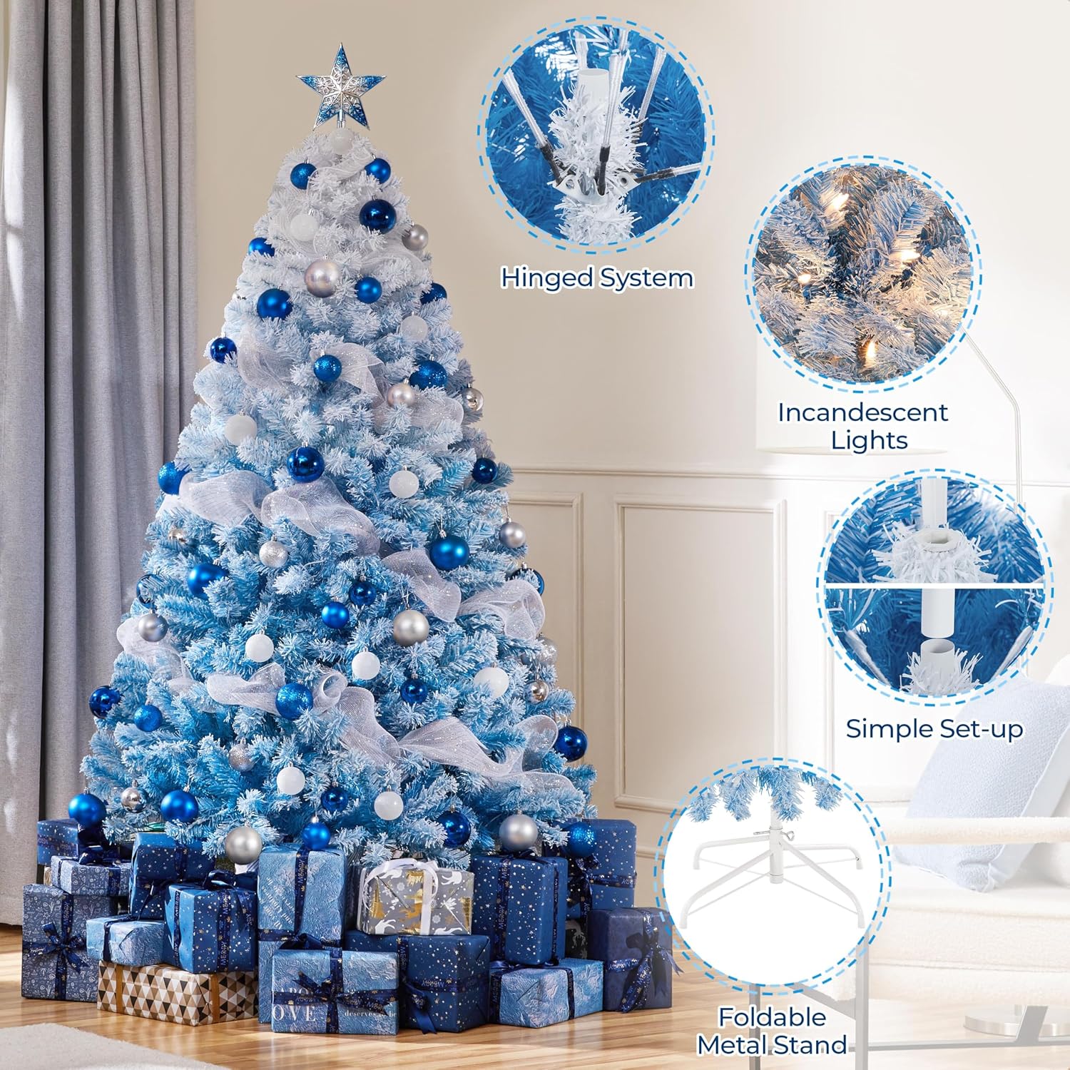 Yaheetech 7.5ft Pre-Lit Snow Flocked Artificial Christmas Tree, 550 Lights