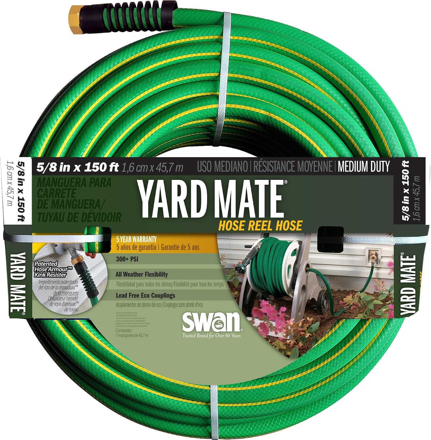 Swan Products SNHR58150 Professional Use Easy Reel Contractor Hose 150 ft, 5/8" diameter, Green