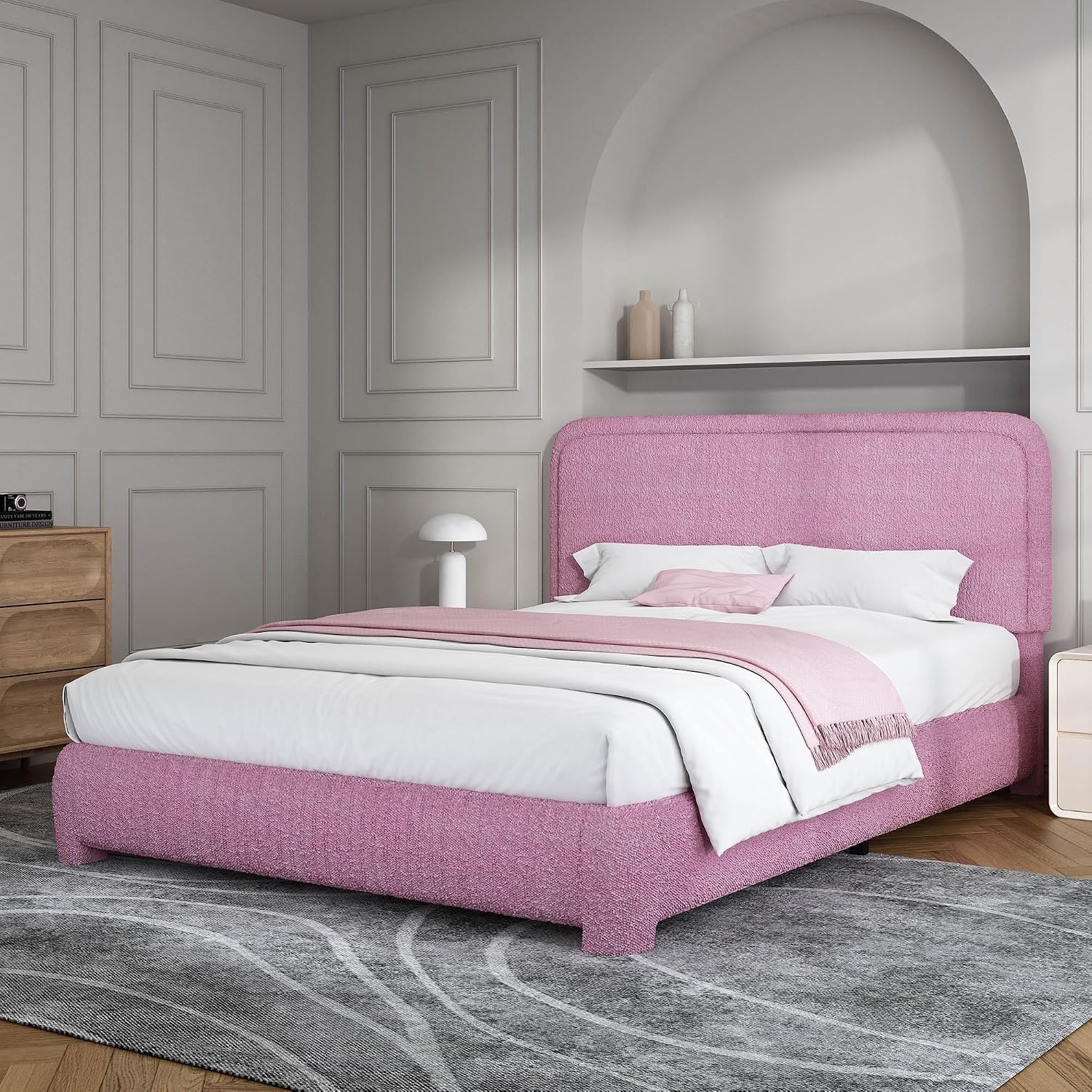 BarnFurin Full Bed Frame, Cloud Boucle Headboard, Rounded Corners, White | Soft boucle and rounded edges create a low-profile cloud look. Wooden slats support the mattress without a box spring