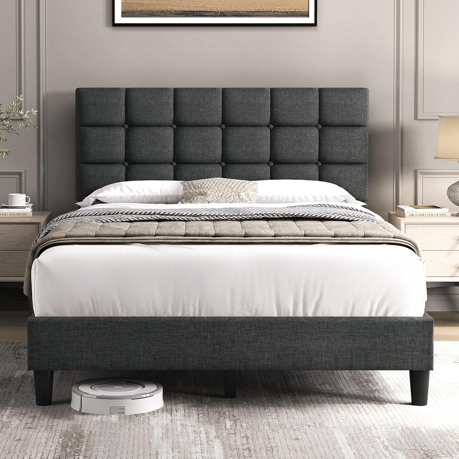Yaheetech Full Size Upholstered Tufted Bed Frame with Headboard, Dark Gray | Sturdy engineered wood frame with linen fabric upholstery features a soft tufted headboard for easy assembly and support