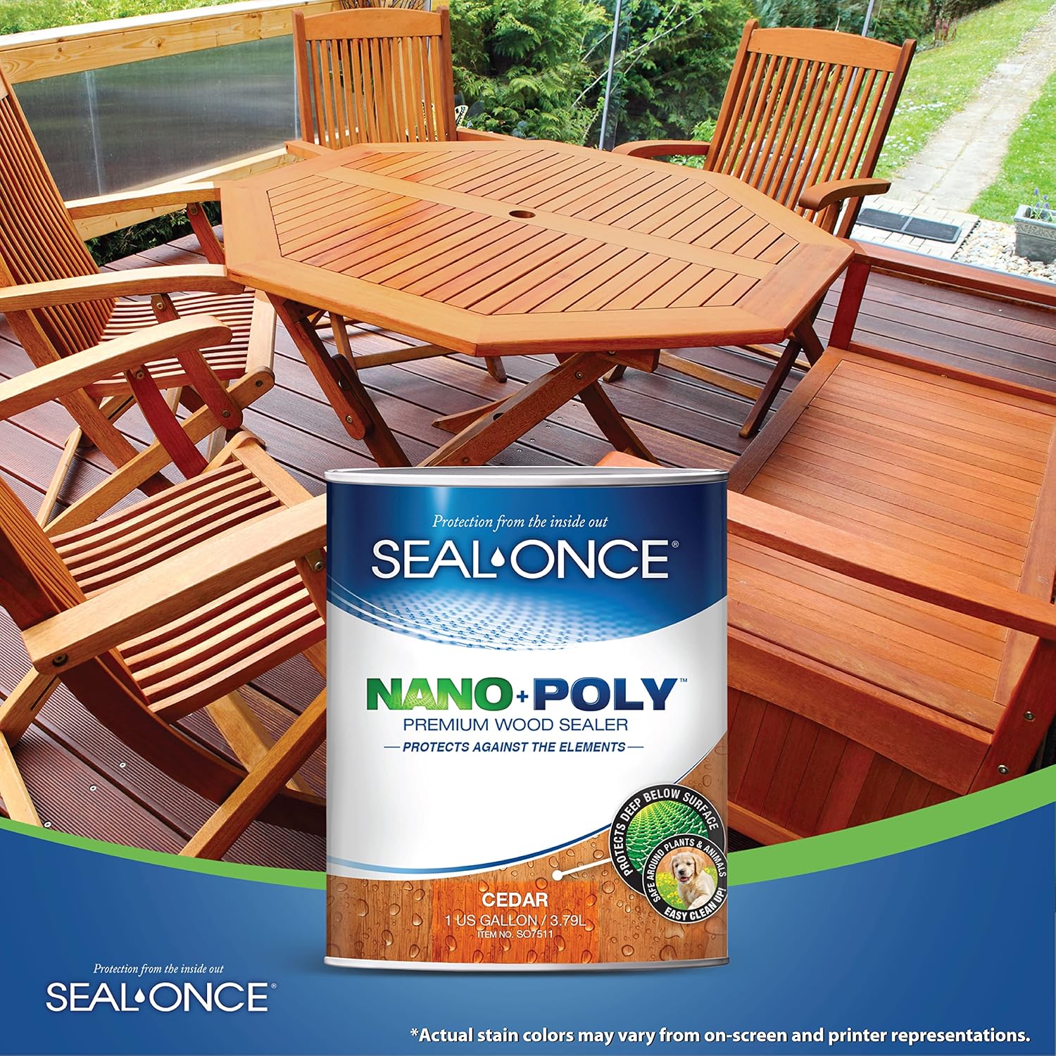 Seal-Once Nano+Poly Wood Sealer and Waterproofer, Clear, 1 Gallon | With Polyurethane, Water-based, Low-VOC, Waterproofer & Stain, For Decks, Fences & Log Homes