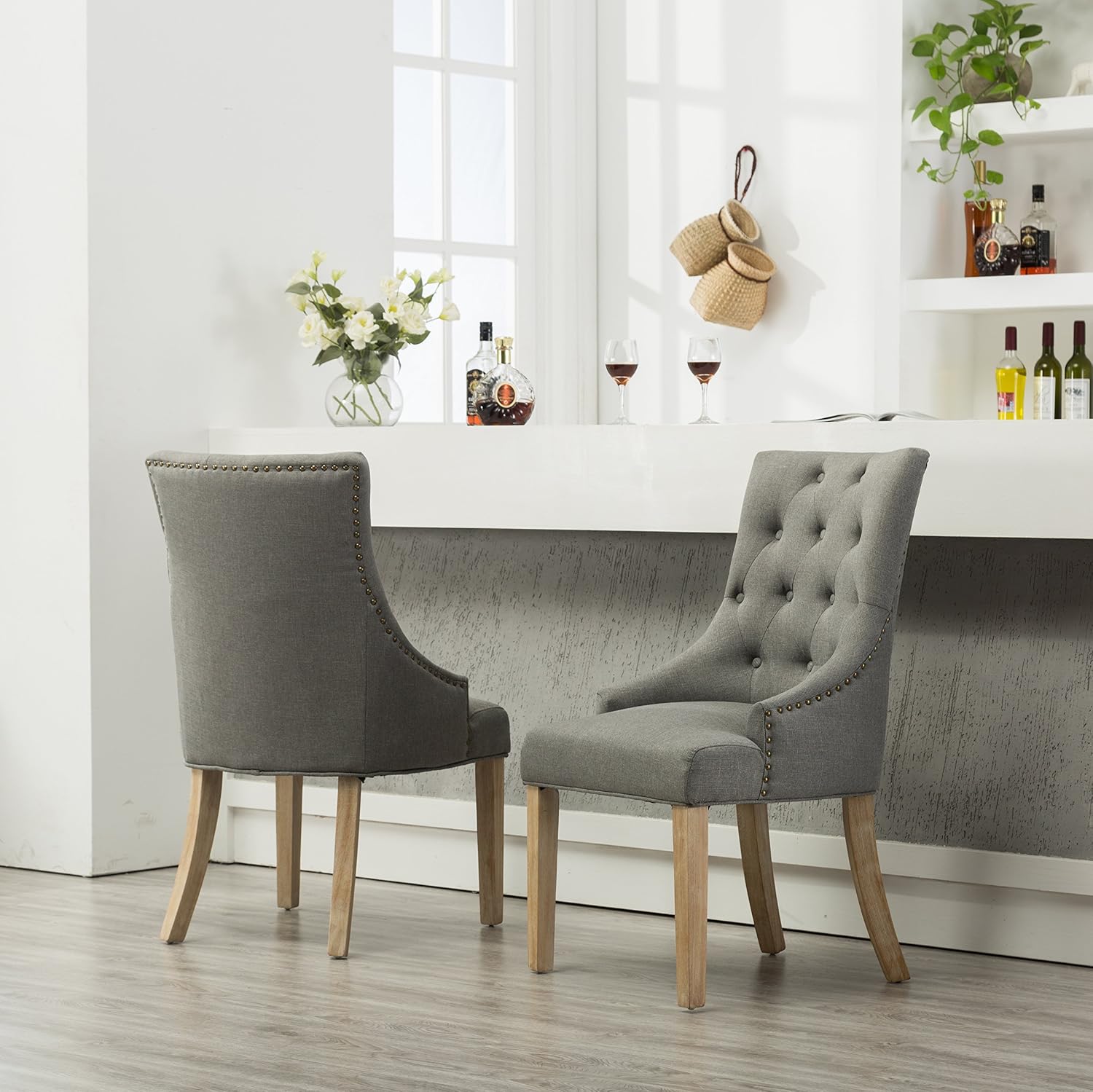 Roundhill Furniture Button Tufted Solid Wood Wingback Hostess Chairs with Nail Heads, Set of 2, Tan, White, "Tan, 24D x 22W x 39H in