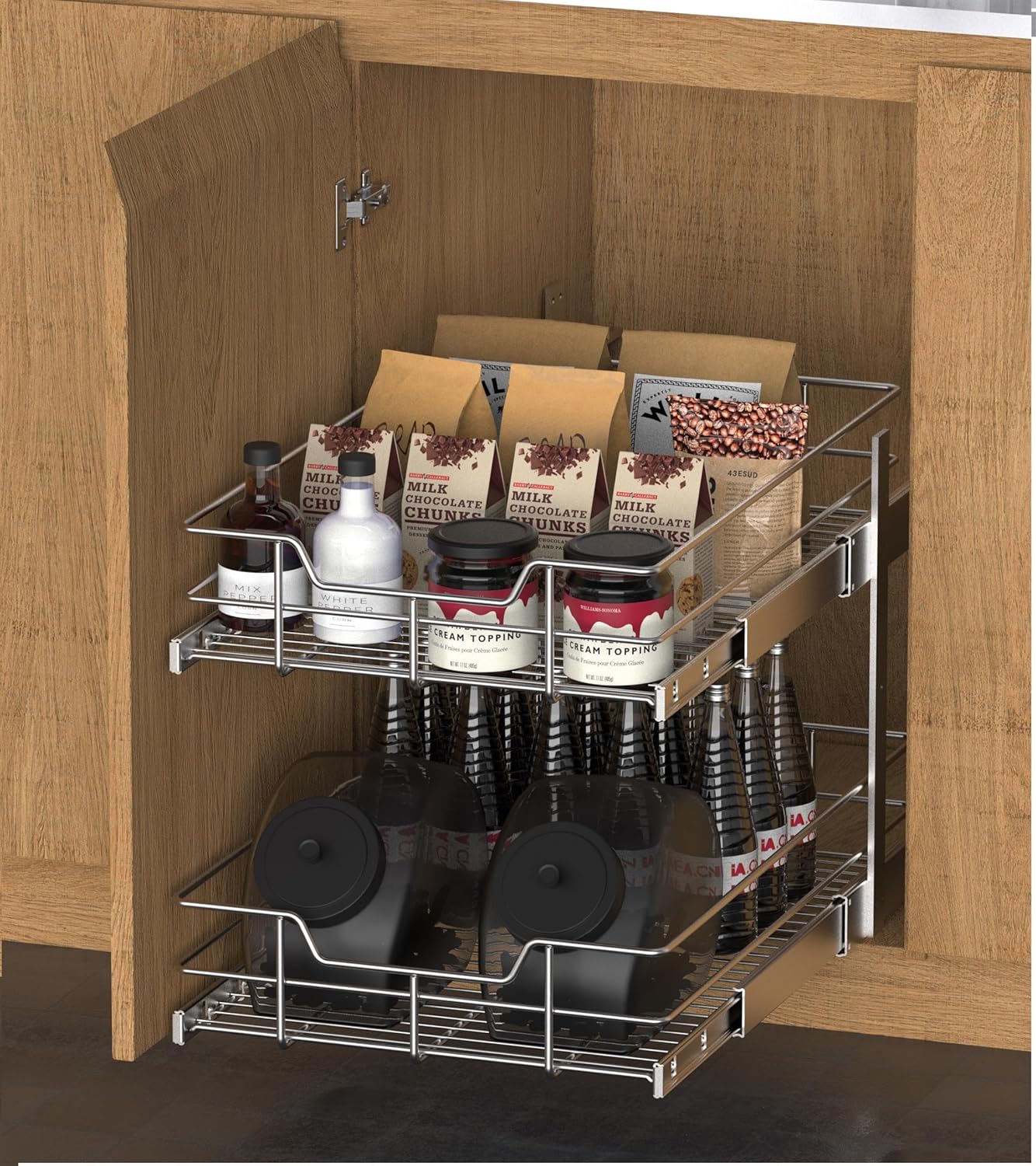2 Tier Pull Out Cabinet Organizer 11" W X 22" D, Chromed, Full Slide Out