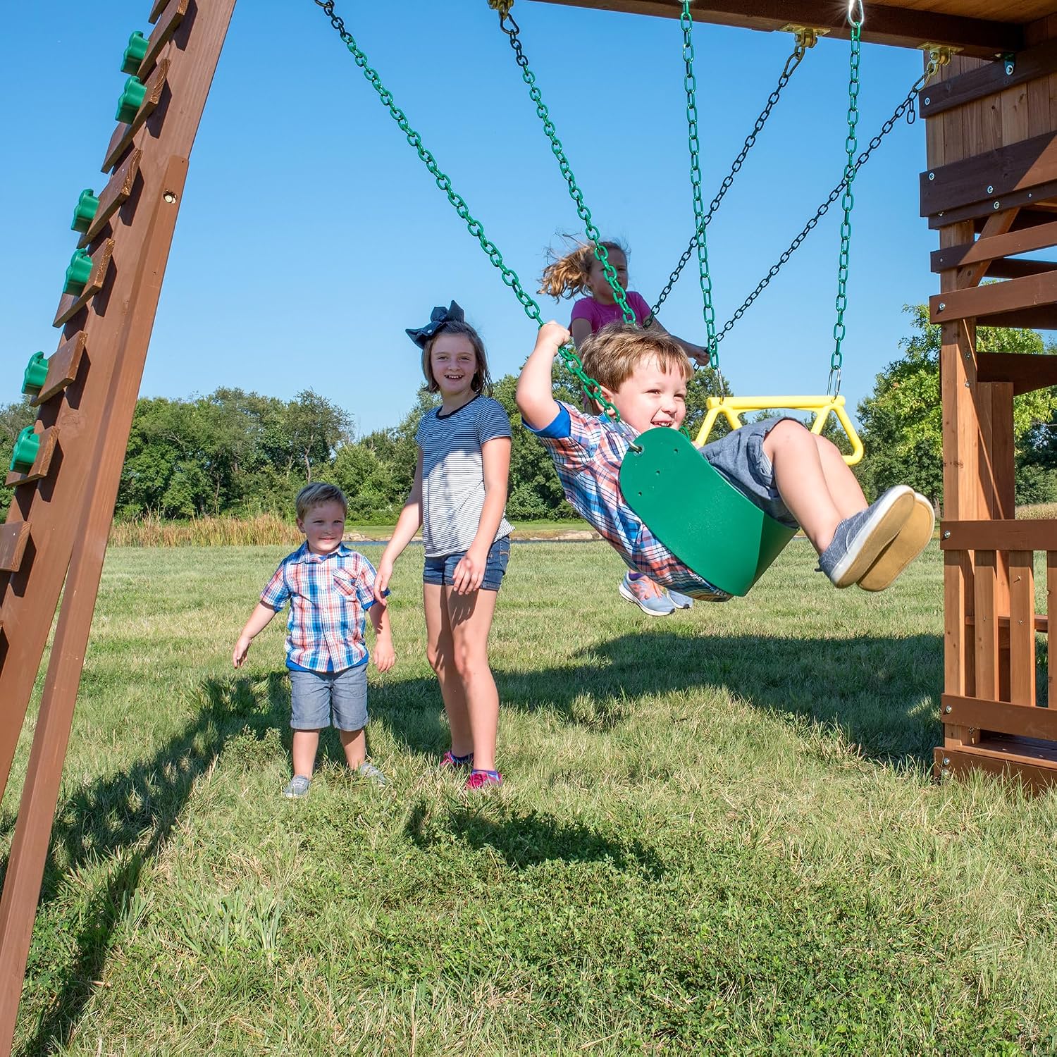 Backyard Discovery Woodridge Elite Cedar Wood Swing Set with Wave Slide, Clubhouse, Crawl Tunnel, Crow's Nest, Belt Swings, Trapeze, Rock Wall Ladder