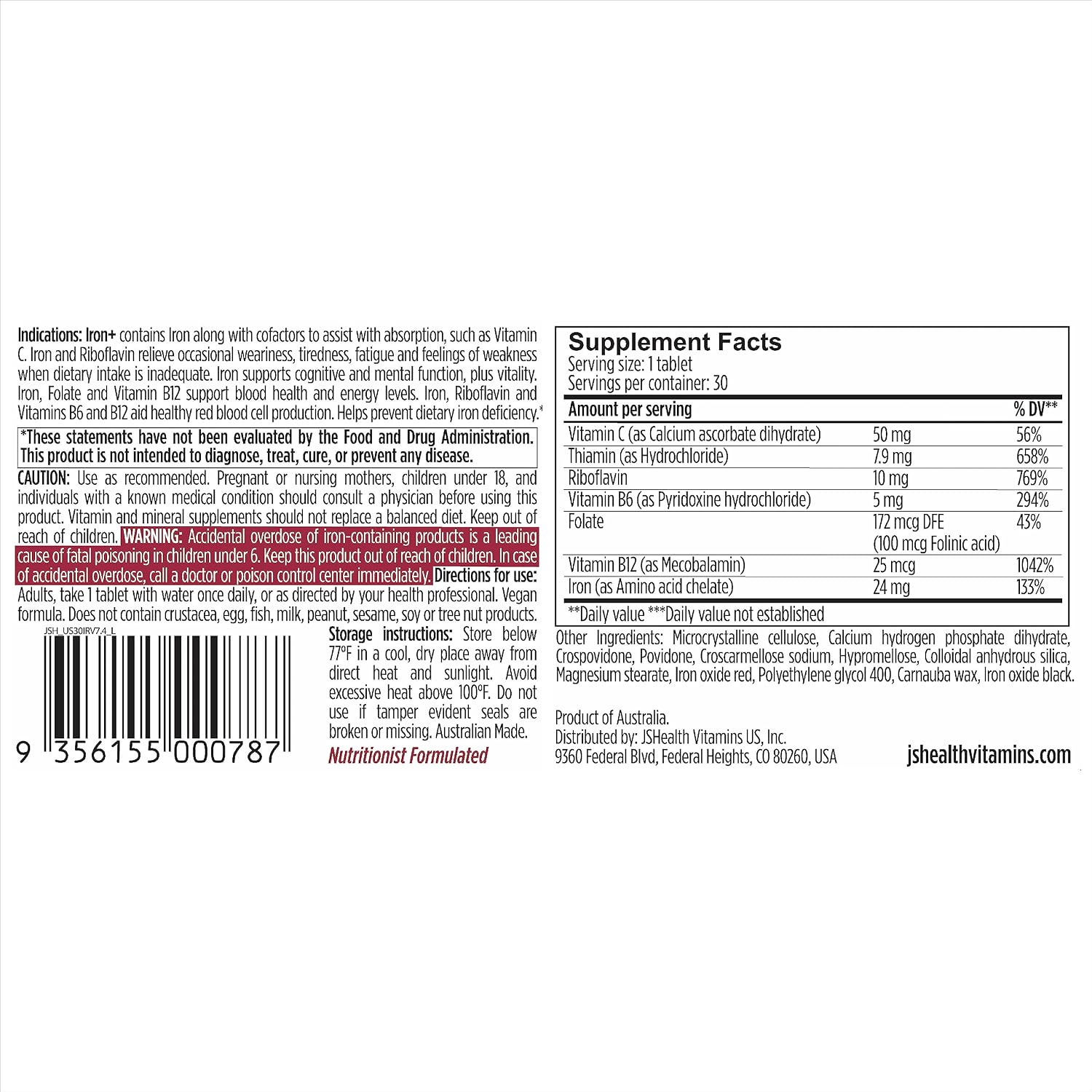 JSHealth Iron Supplement with Vitamin C. Ferrochel Iron Supports Energy Levels. Non-Constipating